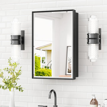Medicine Cabinet Mirror 16" x 24" Black Aluminum Frame Medicine Cabinet with Beveled Mirror, Stepless Adjustable