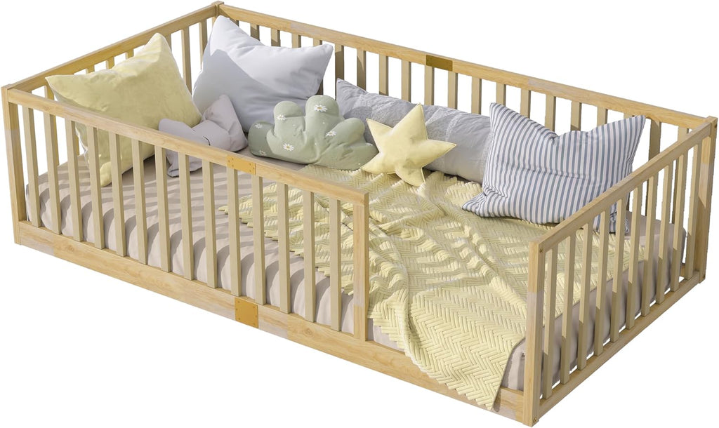 Toddler Floor Bed with High Rails, Natural