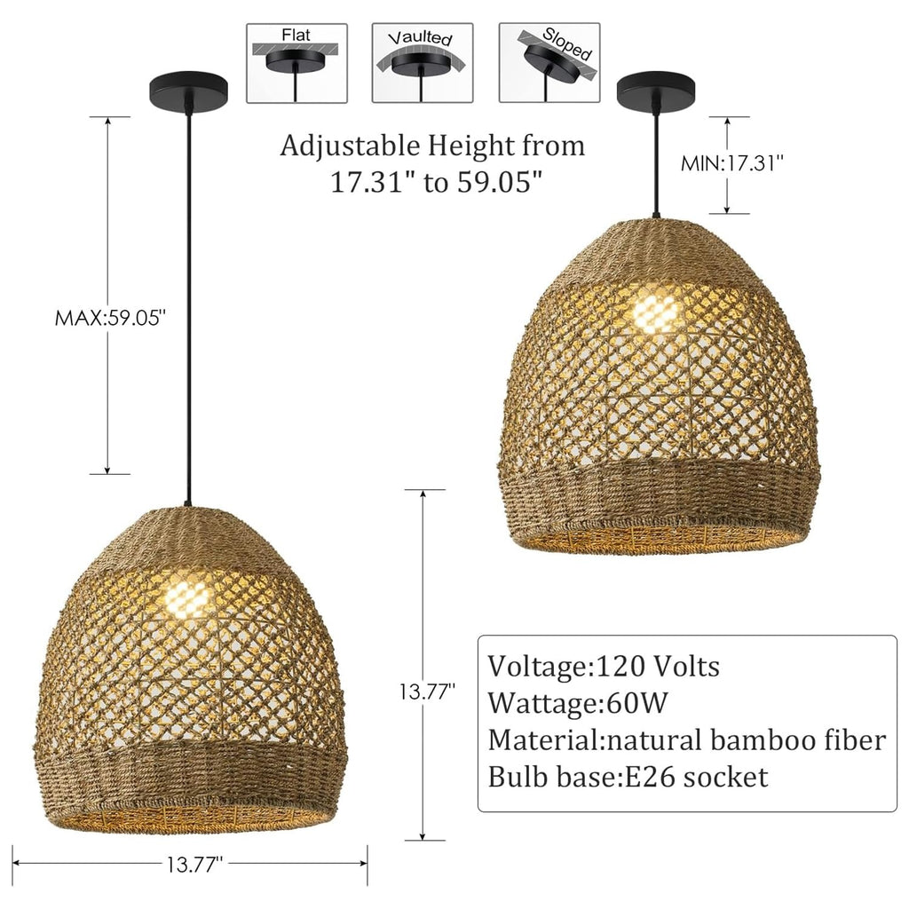 Rattan Pendant Light, 13.78" Boho Seagrass Chandelier