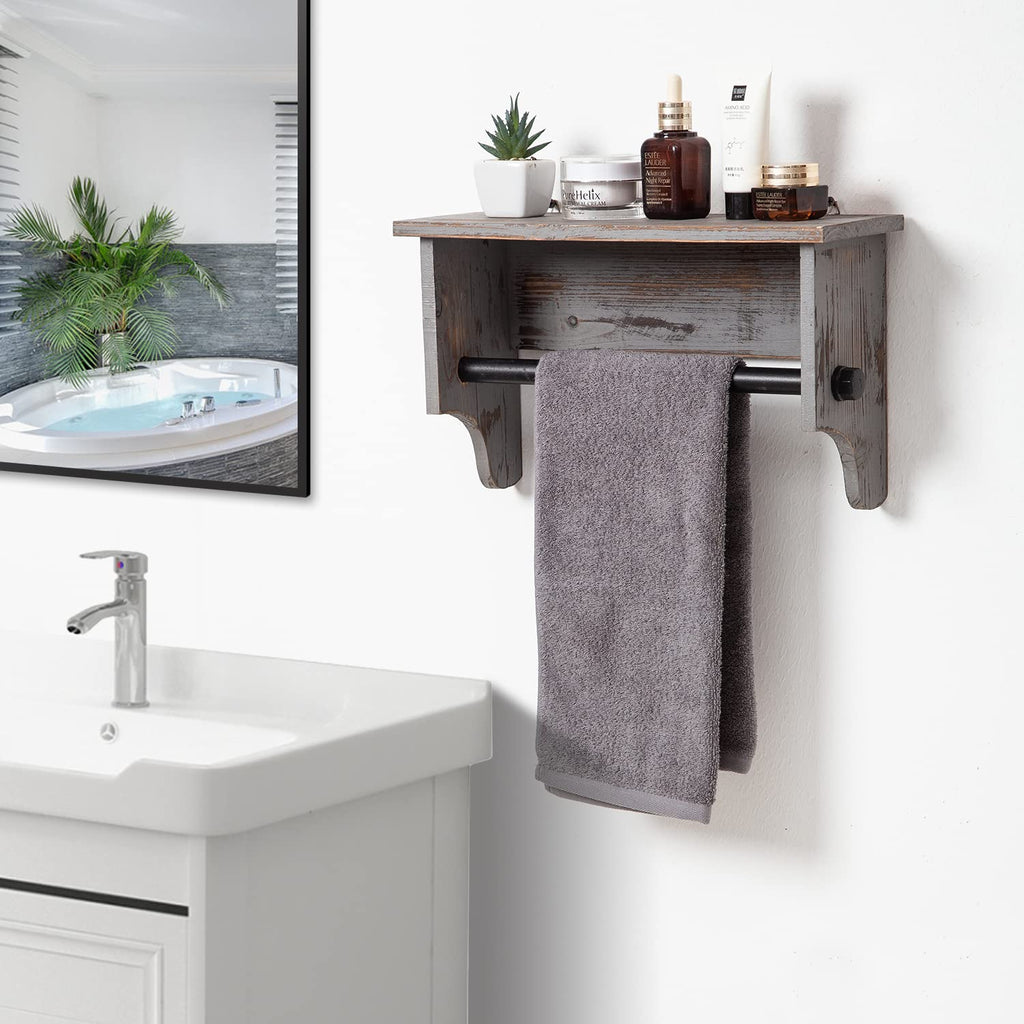 Wall Mounted Bathroom Towel Rack Torched Wood Rustic Brown Hanging Floating Shelf Industrial Black Metal Pipe Bar