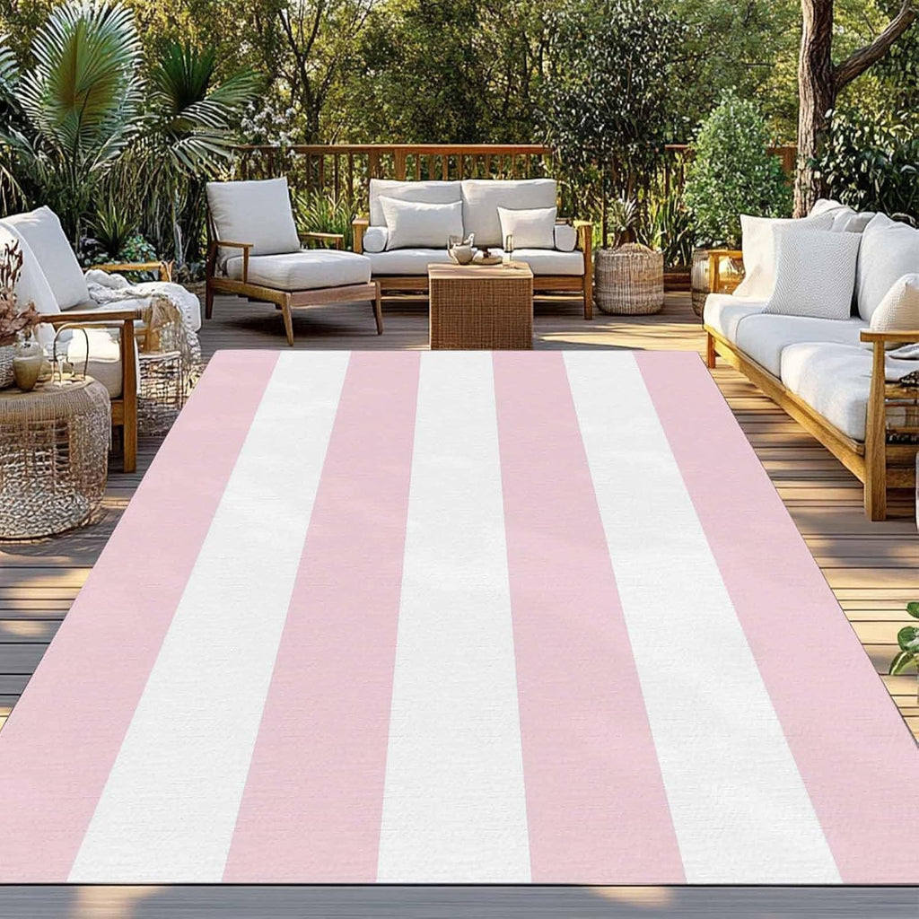 Modern Pink White Stripe Outdoor Rug,Minimalist Line Art Waterproof Non-Slip Area Rug Washable Indoor Outdoor
