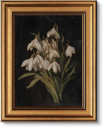 Gold Framed Wall Art, Vintage Snowdrop Flower Canvas Prints, Old World Botanical Still Life Picture Wall Decor, Moody