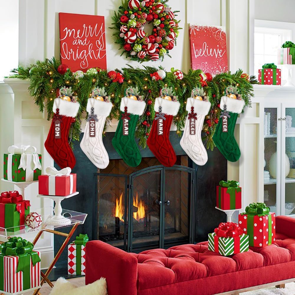 6Pcs Christmas Stocking,18"Large Cable Knitted Stocking with Tags