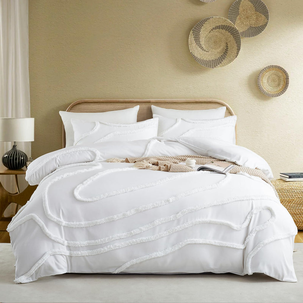 King Size Comforter Set;Beige Comforter Boho Tufted Lightweight Bedding Sets 3PCS Soft Jacquard with 2 Pillow Cases