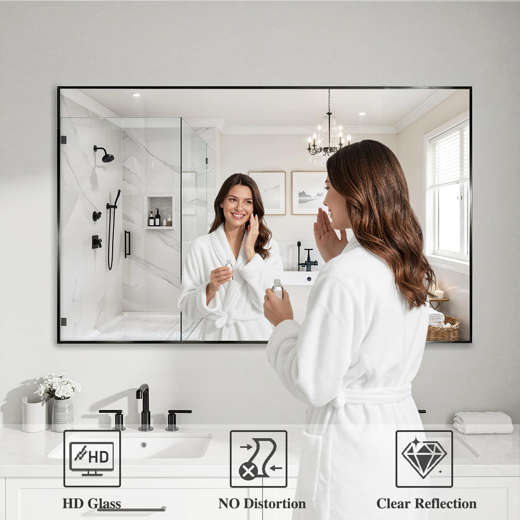 Black Mirrors for Wall, 30x48 Inch Bathroom Mirror, Rectangular Wall Mirror Bedroom Bathroom, Hangs Horizontally or