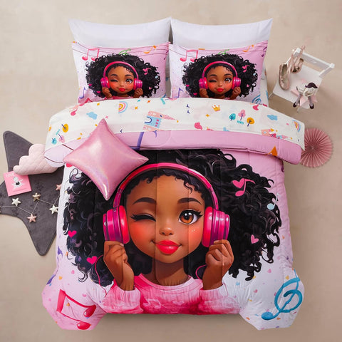 A Nice Night Pink Comforter Sets, Girl Winking Listening Music Printed