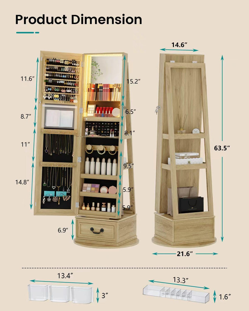 Mirror Jewelry Cabinet with Lights, Full Length Mirror and Storage