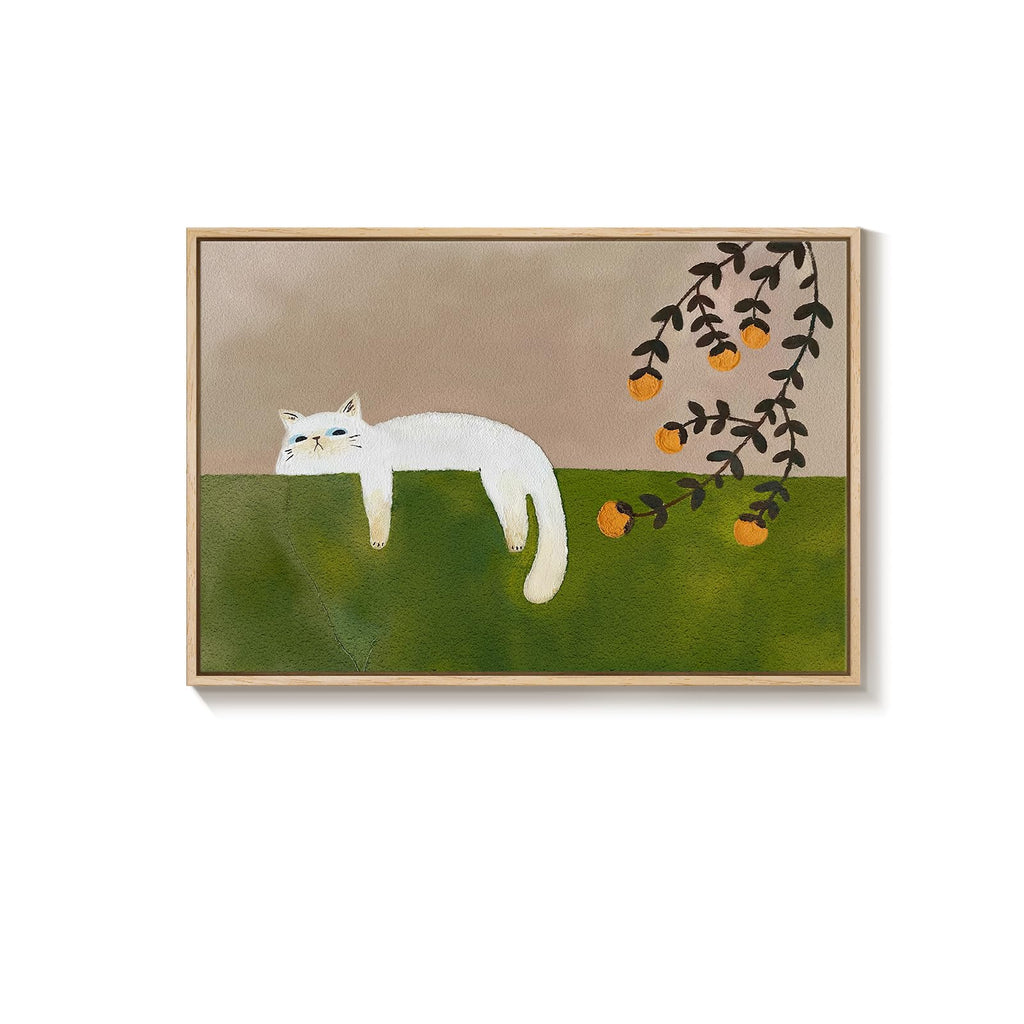 Large Framed Cozy Cat Neutral Green Canvas Wall Art Bedroom, 24x36 Inch
