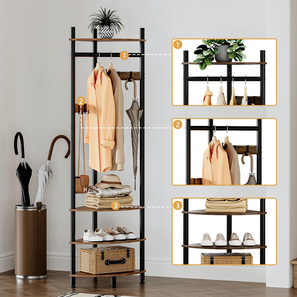 Corner Hall Tree with Shoe Rack Entryway Coat Rack with 6 Metal Movable Hooks Floor Standing Clothes Rack Organizer