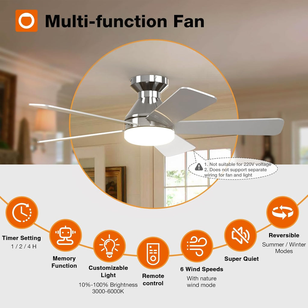 Ceiling Fans with Lights, 42 Inch Low Profile Ceiling Fan with Light And Remote Control, Flush Mount, Reversible, 3CCT, Dimmable, Quiet, Nickel Small Ceiling Fan for Bedroom Indoor/Outdoor Use A103-B0CLNLM3RR