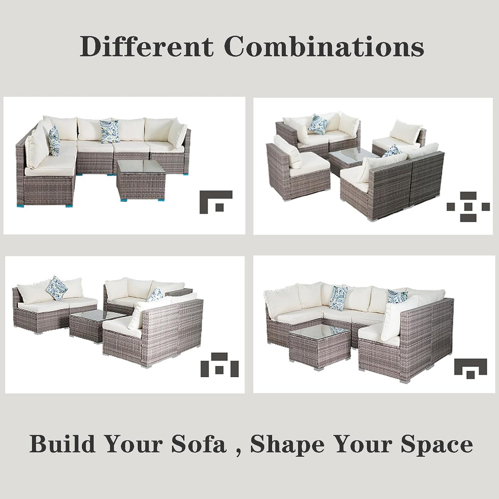 7 Piece Outdoor Patio Sectional Sofa Set, All-Weather Wicker Patio Furniture Set, with Tempered Glass Table and