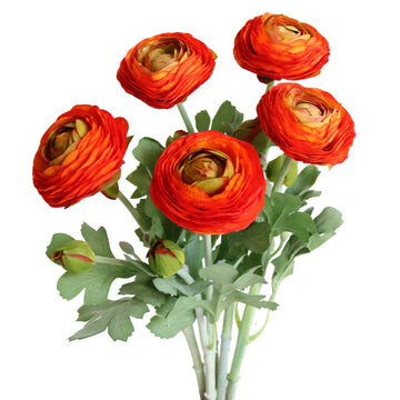 Ranunculus Flowers Silk Peony Flower Stem hold Arrangements Summer or Fall Decor-5PCS (orange)
