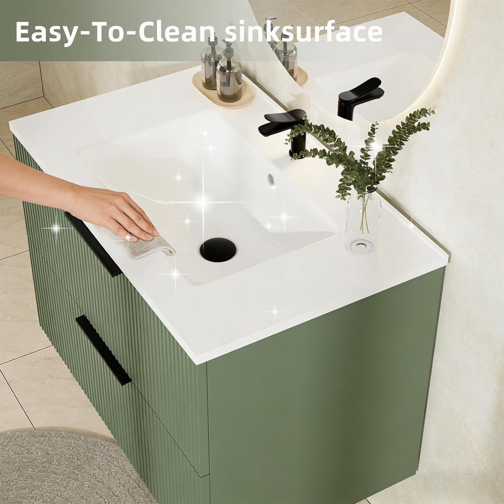 30-Inch Floating Bathroom Vanity with Ceramic Sink – Wall-Mounted Fluted Cabinet with Drawers, Modern Green Finish