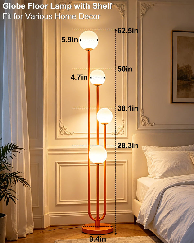 4-Globe Dimmable Orange Floor Lamp, 63IN Standing Tall Lamps with 3000K Bulbs for Reading, Mid Century Modern Floor