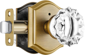 Glass Door Knobs Interior, Vintage Style Privacy Crystal Door Knobs with Lock, Antique Brass Door Knobs Bathroom