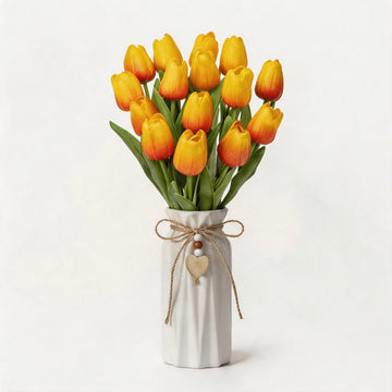 Artificial Tulip Flower Arrangement in Ceramic Vase with Rustic Heart Charm, 15 PCS PU Real Touch Faux Floral Table