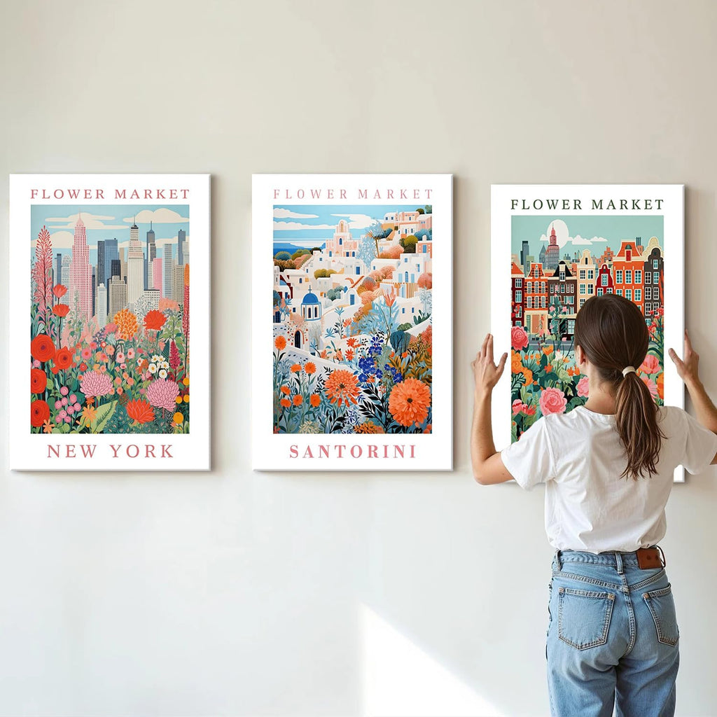 3 Piece Flower Market Wall Art City Floral Canvas Wall Art Colorful City Flower Pictures Wall Decor Vintage Travel