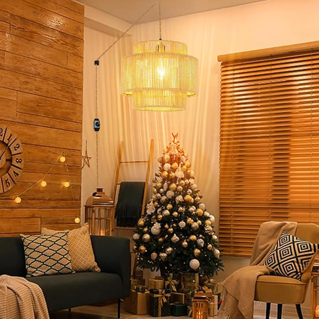 Plug in Pendant Light Hanging Lights with Plug in Cord Boho Hanging Lamp Dimmable, Rattan Wicker Woven Bamboo Lamp