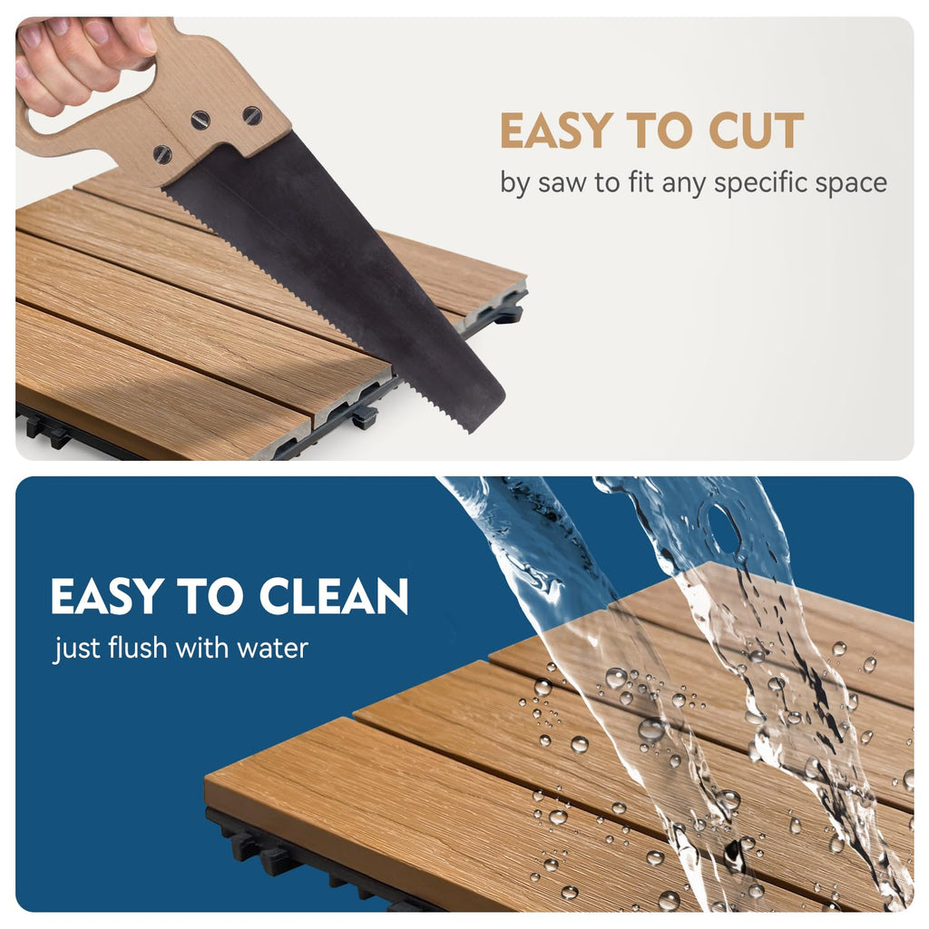 WPC Deck Tiles,12x12 Inch 9 PCS Teak, Waterproof Composite Flooring, Easy Snap Together DIY Indoor Outdoor Tiles for