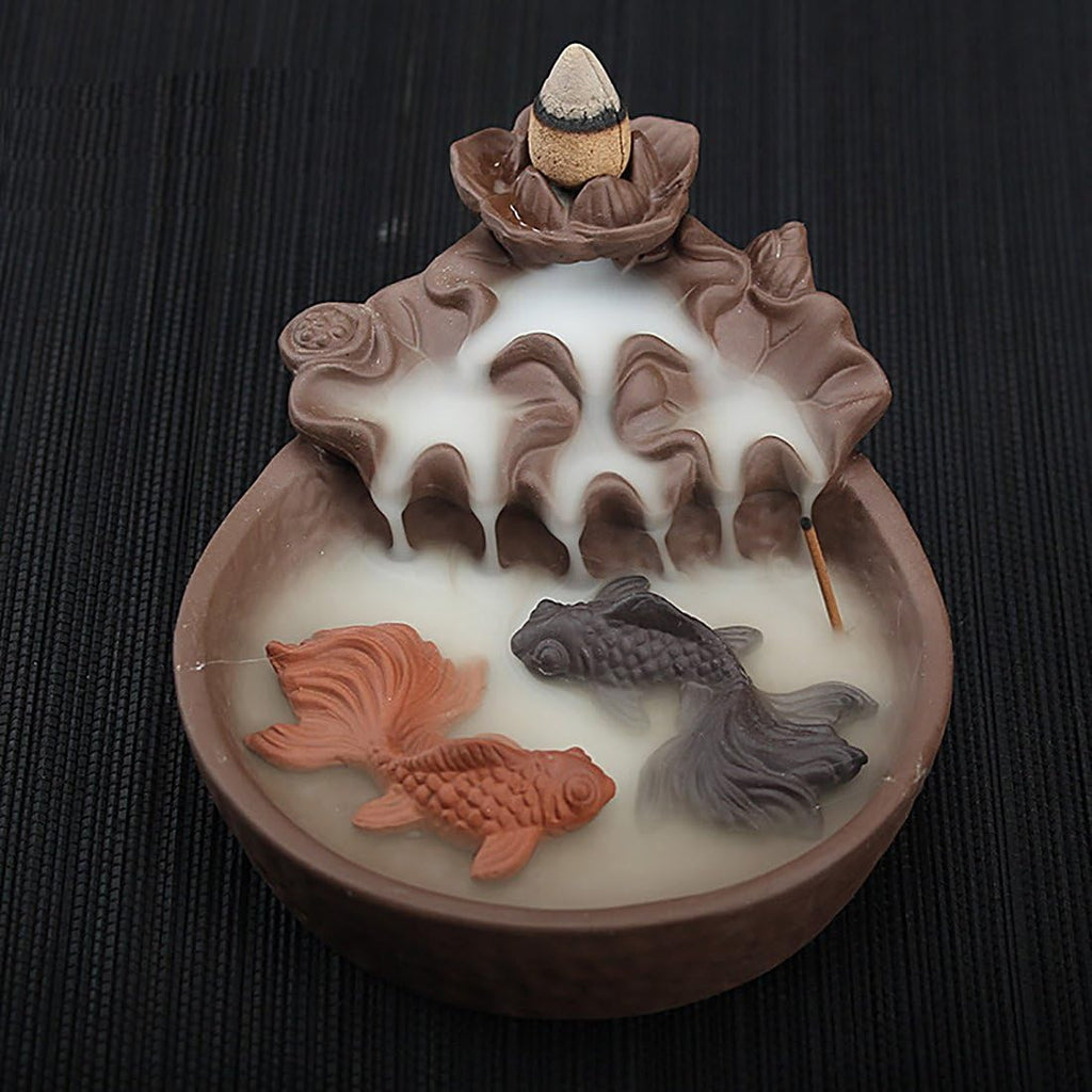 Two Fishes Ceramic Purple Clay Smoke Backflow Incense Cone Sticks Burner Holder - Set of 53