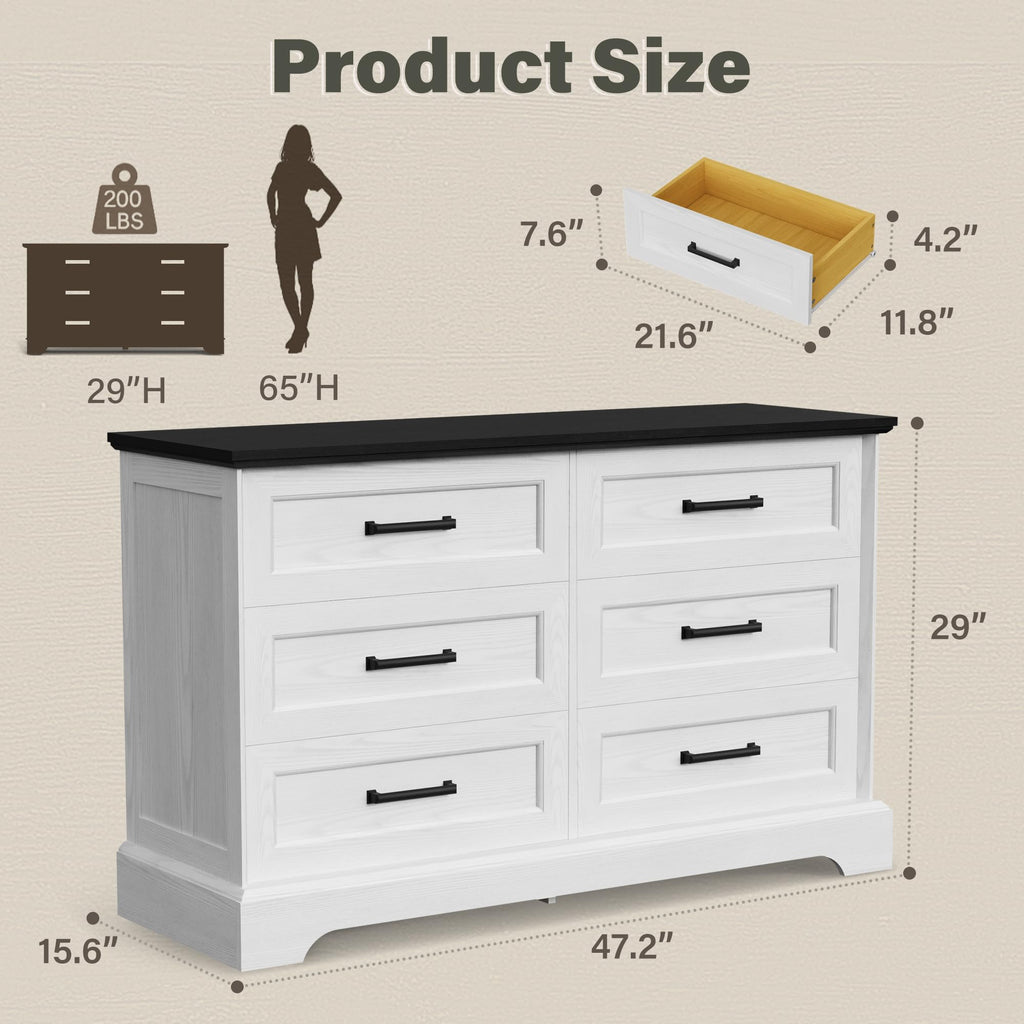 Farmhouse 6 Drawers Dressers, White and Black
