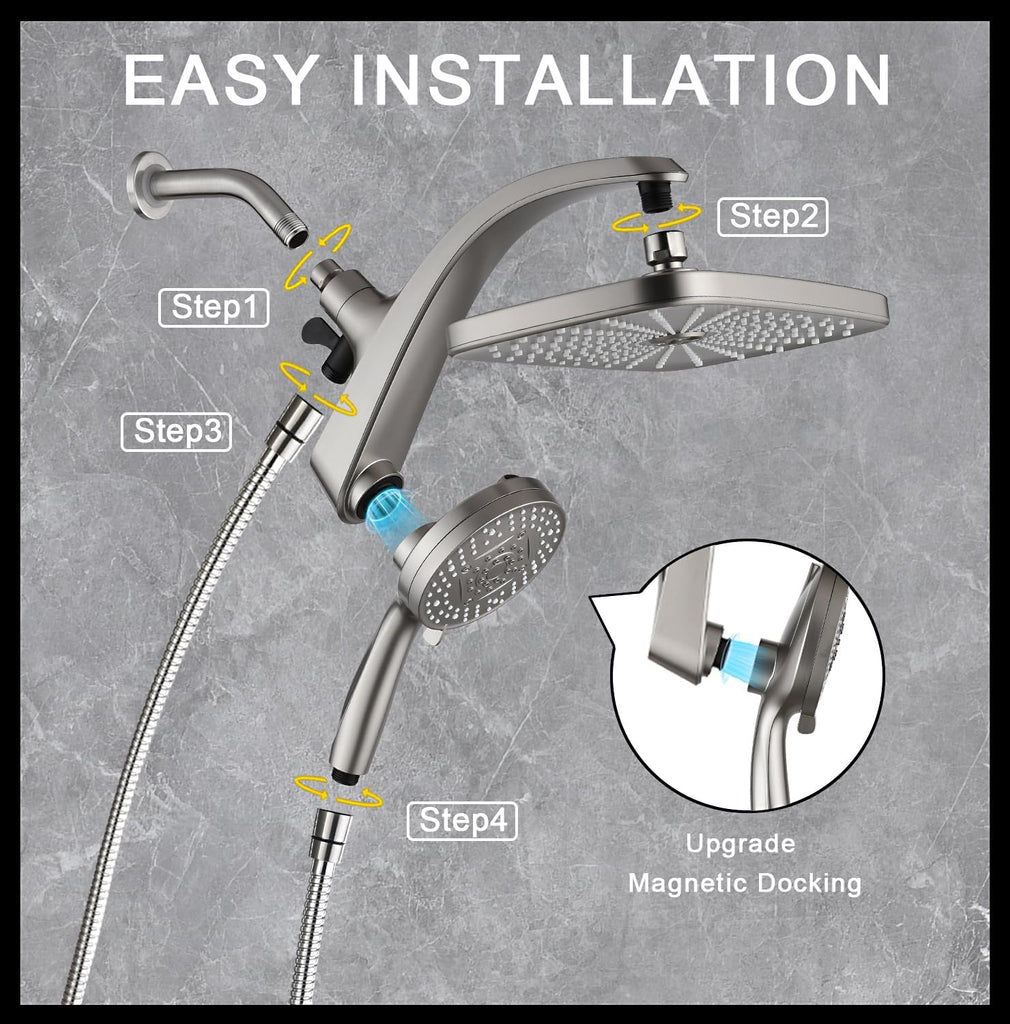 High Pressure Rain Shower Head: Upgrade Shower Heads with Handheld Spray Combo with Fixed Showerhead and 10 Sprays