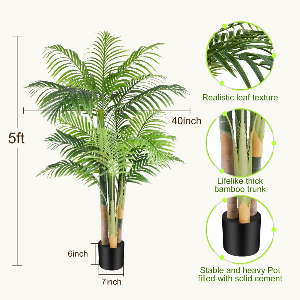 5ft Tall Triple Golden Cane Palm Artificial Tree Large Tropical Palm Tree UV Resistant Fake Plant in Pot for Indoor