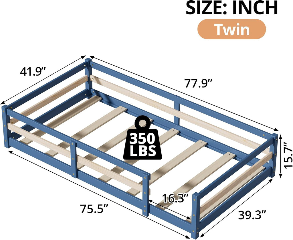 Montessori Bed, Solid Wood Floor Bed Frame with Safety High Fence, Montessori Floor Bed with Rails for Boys