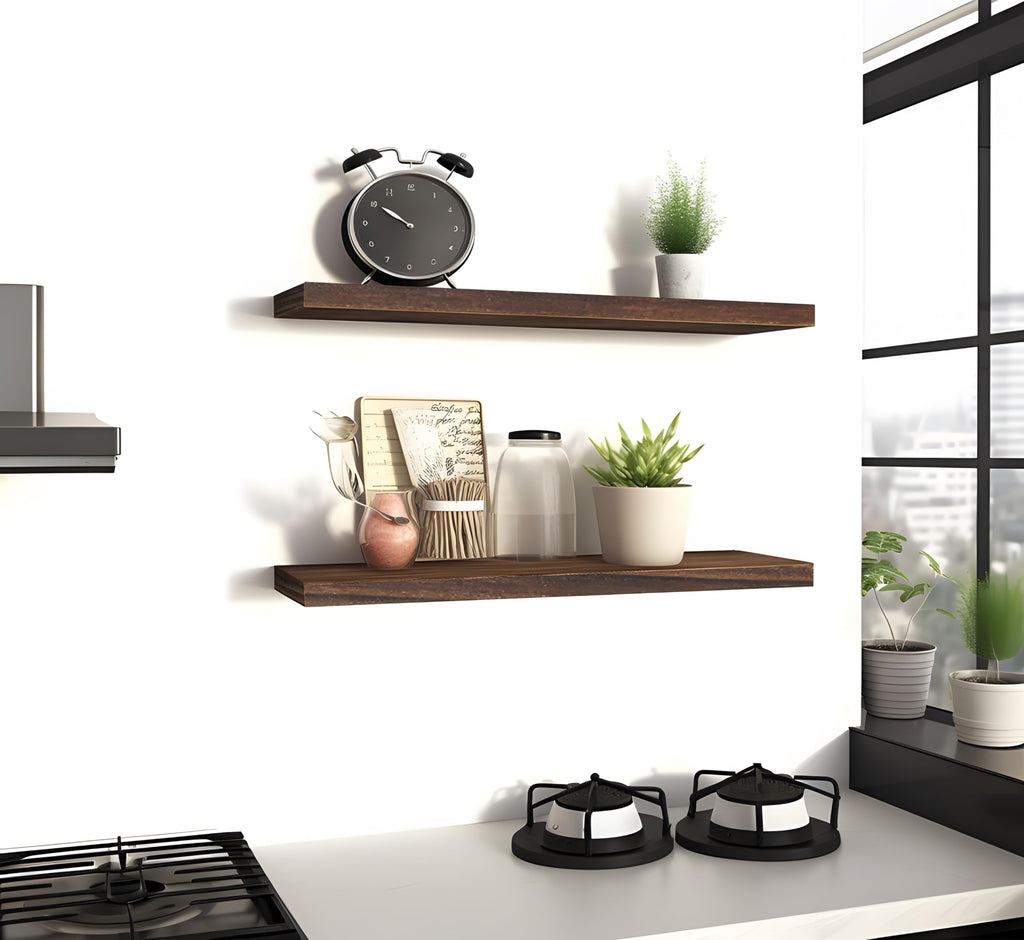 24 Inch Wood Floating Shelves for Wall, Wooden Wall Shelves, Set of 4 Brown