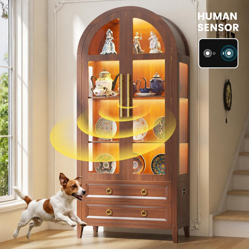 71" Arched Display Cabinets with LED Lights and Glass Doors,Brown | Curio Cabinet and 2 Drawers, Human Sensor Lights