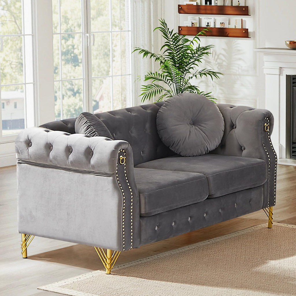 3 Piece Chesterfield Sofa Set with Armrest Ring(37"W+60.5"W+82"W, Grey)