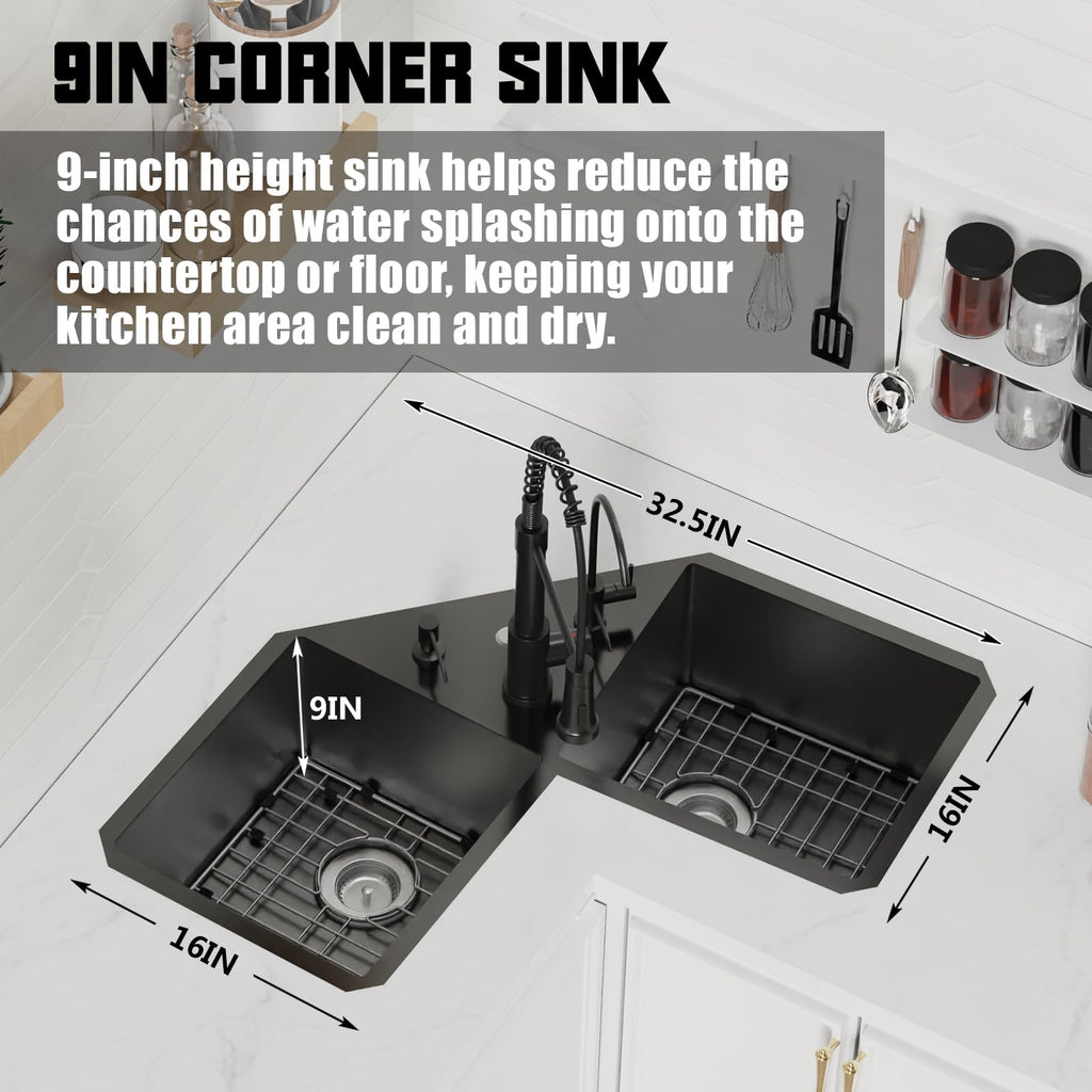 32.5Inch Black Corner Stainless Steel Kitchen Sink, Undermount, Double Bowl