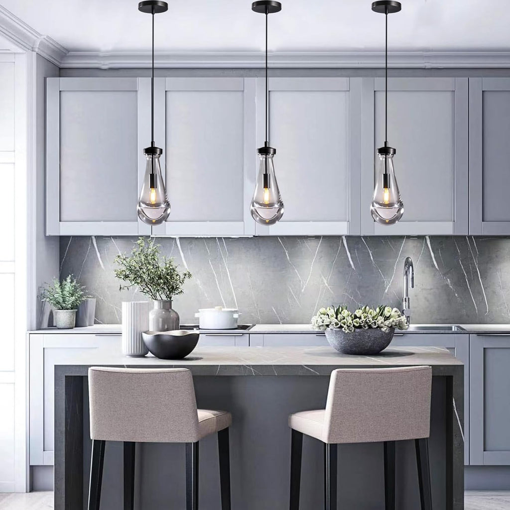 Raindrop Pendant Lights Kitchen Island Set of 3 Teardrop Black Hanging Light Fixtures Clear Solid Glass Pendant Light Modern Chandeliers for Dining Room Porch Corridor Living Room A121-B0CFTN5HS6