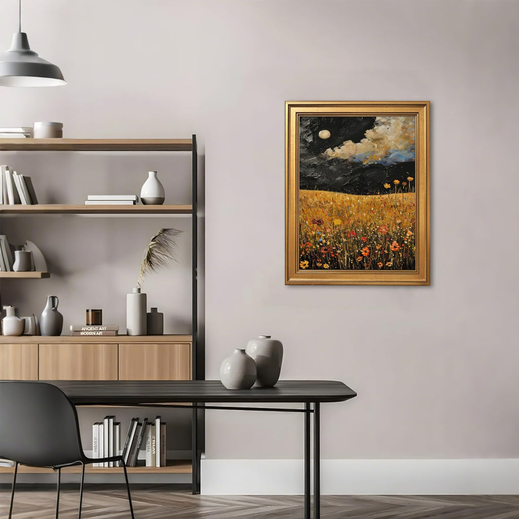Gold Framed Yellow Wildflowers Field Painting Abstract Night Sky Moon Wall Art Canvas Print Vintage Floral Picture