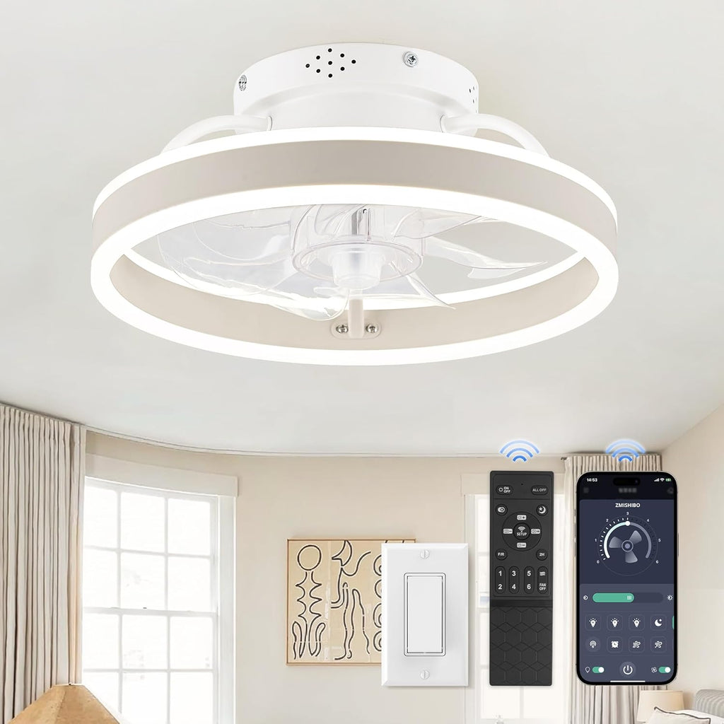 Low Profile Ceiling Fans with Lights and Remote, 13 Inch Fandelier Ceiling Fan with Light, White Modern Flush Mount Ceiling Fan, Small Dimmable LED Fan Lights for Bedroom A101-B0D2KS5L9J