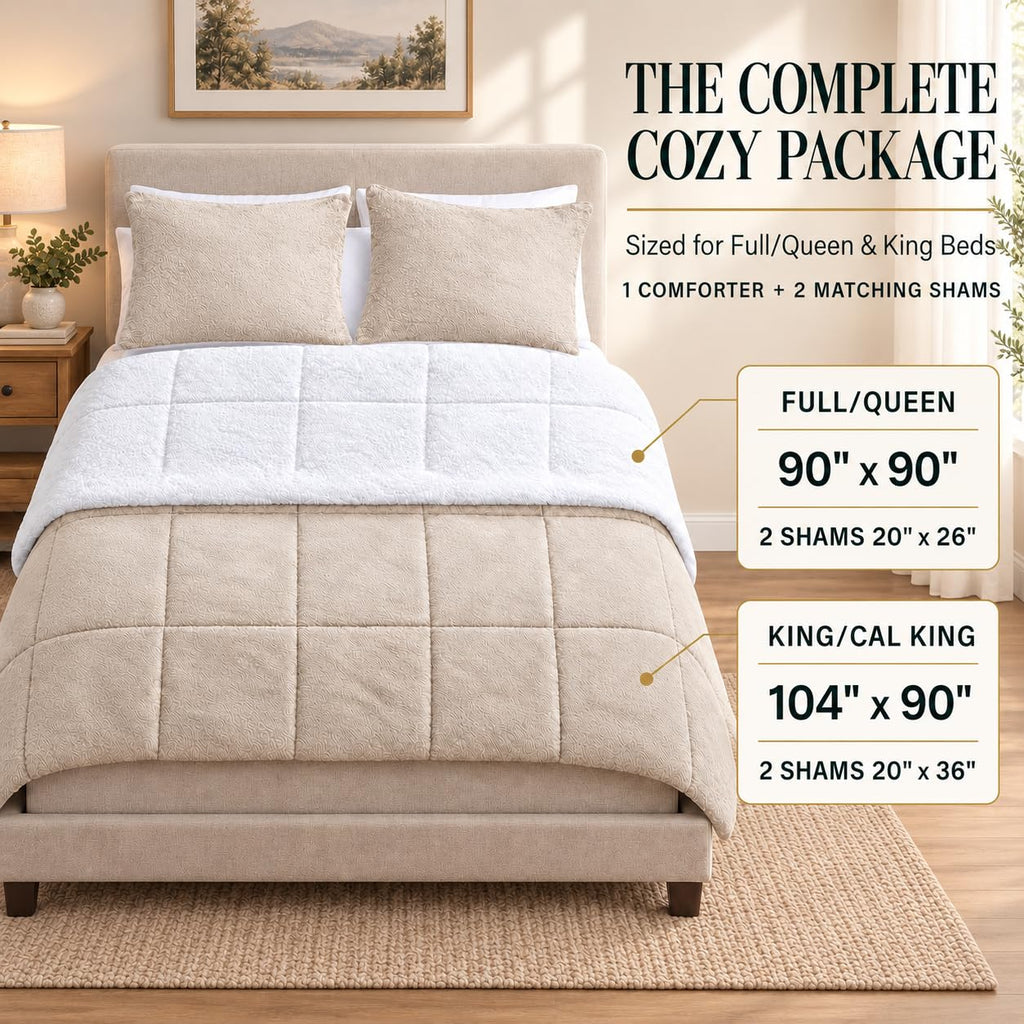 Comforter Set, Faux Fur Sherpa, Coconut Milk