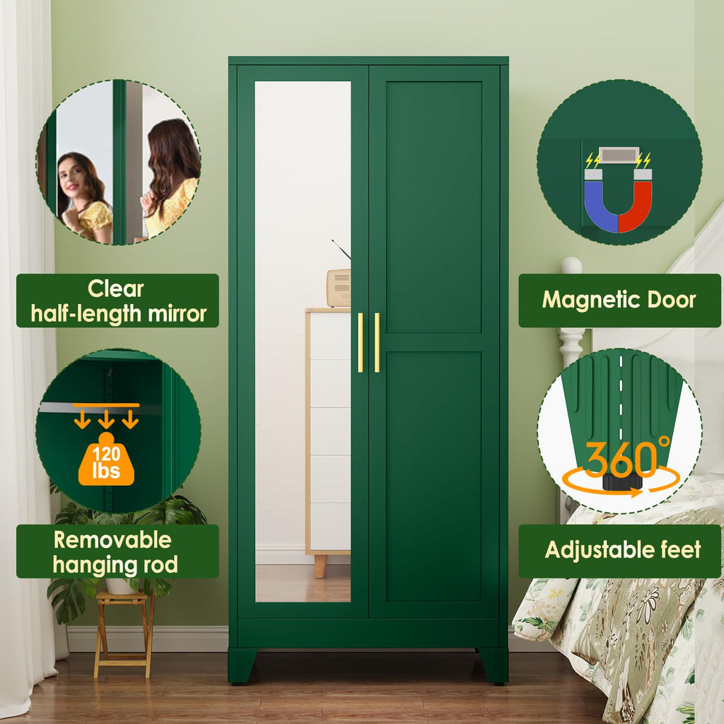 Metal Armoire Wardrobe Closet with 2 Mirror Doors, 71" Wardrobe Cabinet with Adjustable Shelves and Hanging Rod