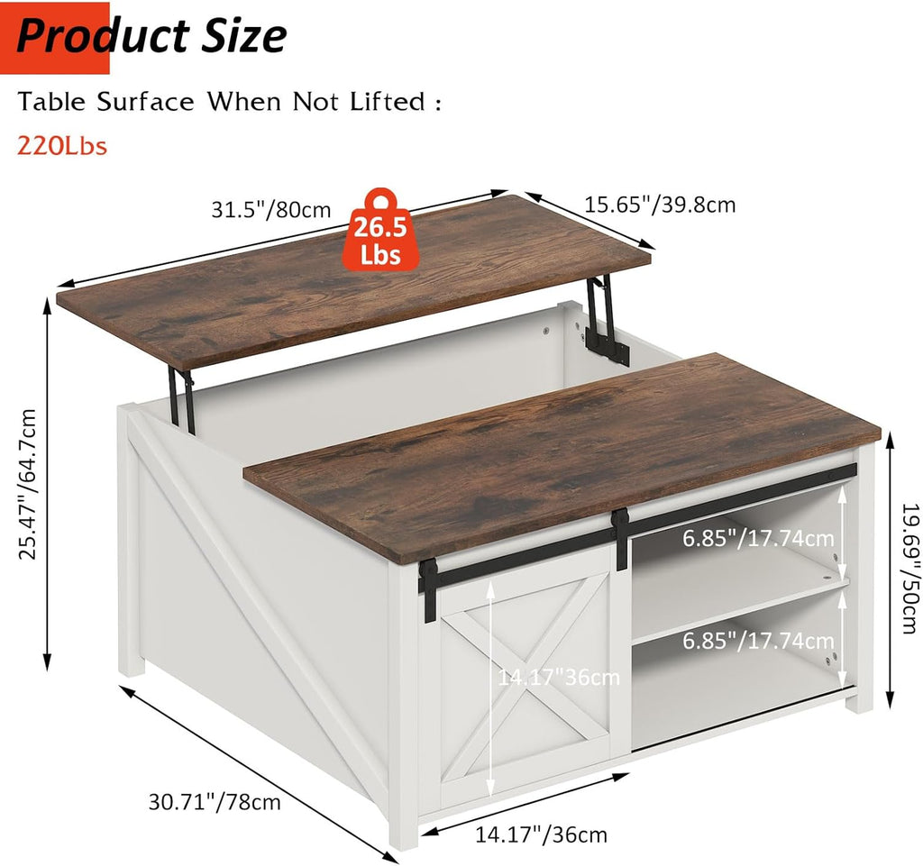 Lift Top Coffee Table with Storage, 31.5" Farmhouse Coffee Table