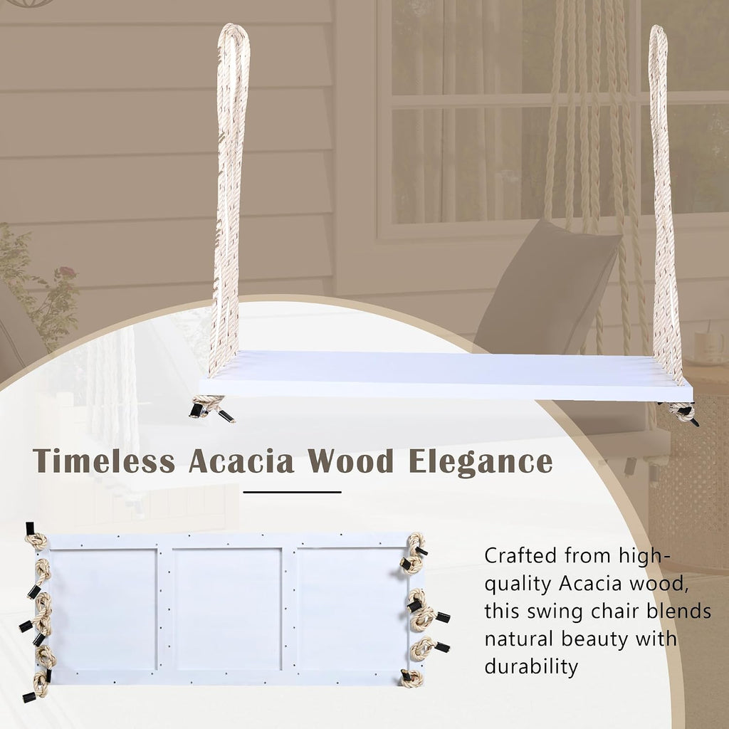 White Wooden Porch Swing Bed with Thick Grey Cushion, 2-Seater Hanging Daybed Swing with Braided Ropes, Outdoor Patio