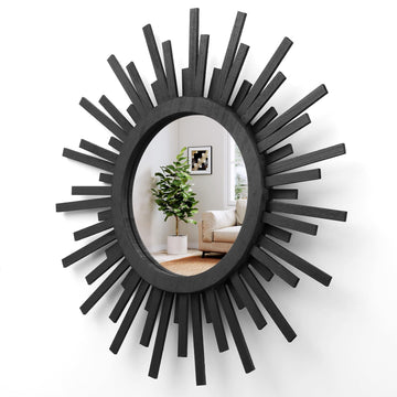 24 Inch Boho Sunburst Mirror, Round Wooden Wall Decor Starburst Sun Mirror, Balcony, Farmhouse Entryway