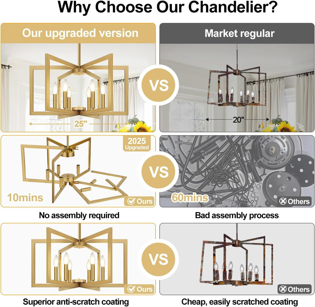 25"-61" Height Adjustable Modern Gold Chandelier for Dining Room, No Assembly Required Gold Dining Room Light Fixture