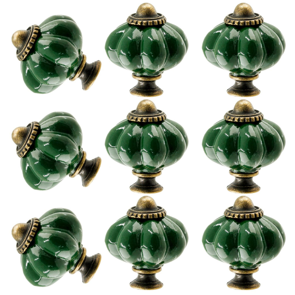 8pcs Dark Green Ceramic Pumpkin Knobs, Vintage Dresser Knobs