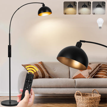 Black Arc Floor Lamps - Dimmable Arched Floor Lamp with Remote Control & 2700-6000K 9W LED Bulb Included
