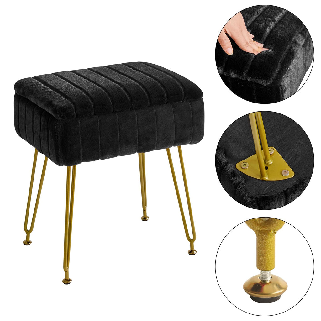 Vanity Stool Chair with Storage, Faux Fur Ottoman, Black