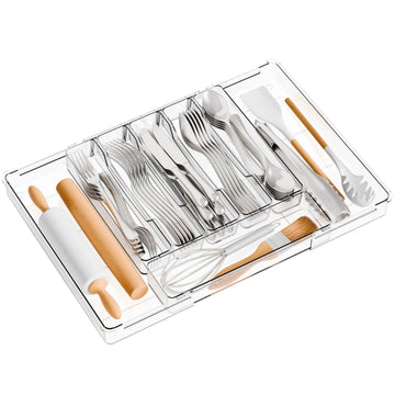 Large Clear Expandable Silverware Drawer Organizer,BPA FREE Adjustable Utensil Drawer Organizer and Silverware