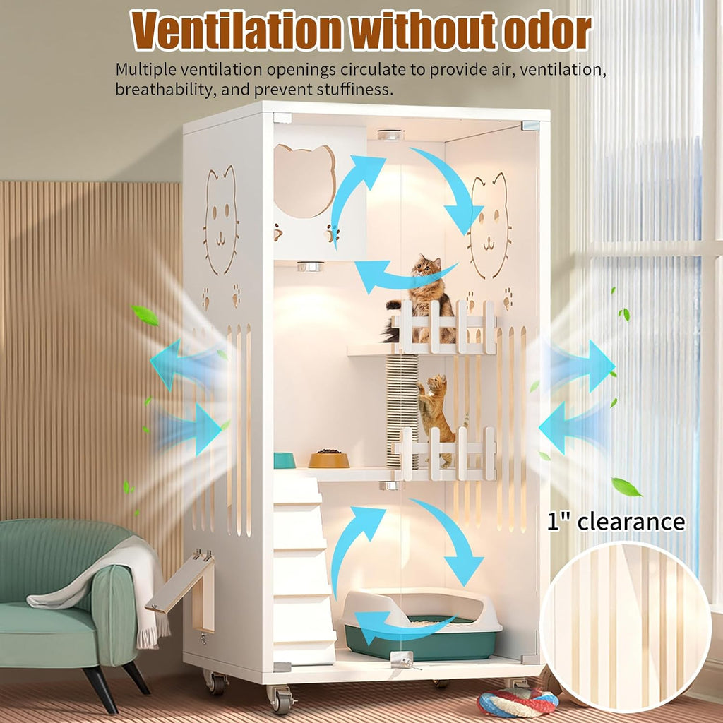 Large Wooden Cat House, Indoor Cat Condo Enclosed, Multi-Feature Luxury Cat Villa with Wheels Scratching Post, Wooden
