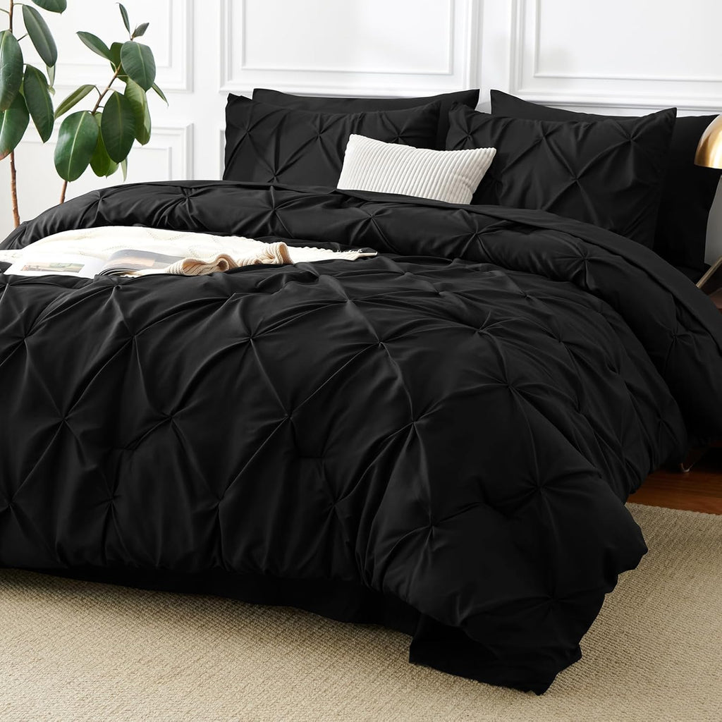 Queen Comforter Set Black, 7 Pieces Pintuck Bed in A Bag, Premium Black Comforter Queen