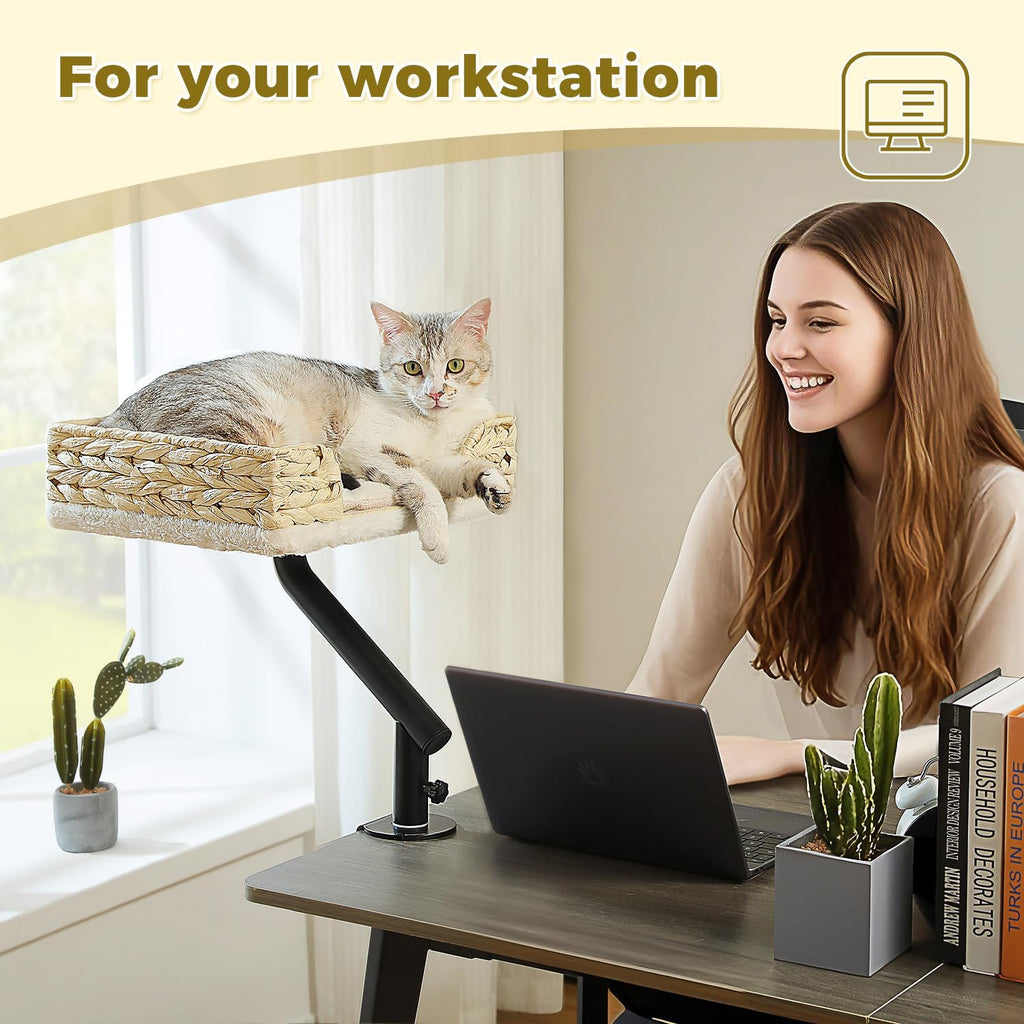 Cat Desk Bed for Indoor Cats, Wicker Cat Bed for Desk Supports Up to 50 lbs, 360° Rotation & Adjustable Soft Plush