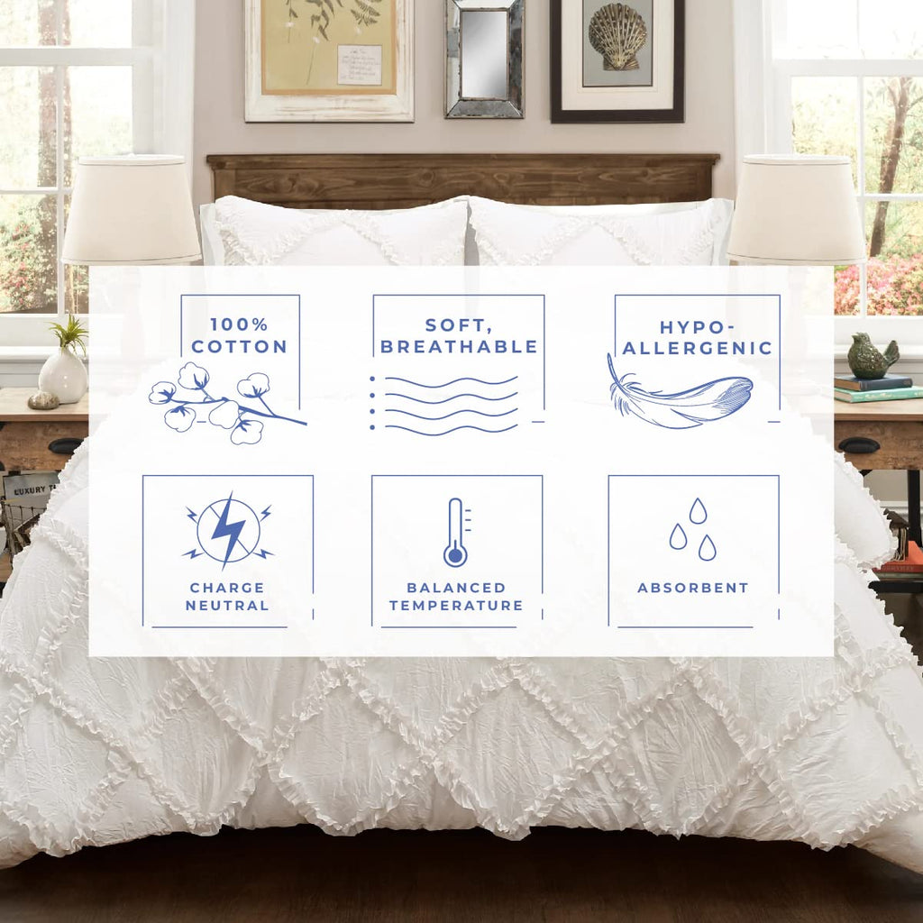 3 Pc Diamond Ruffle Duvet Cover Set Queen Size-100% Egyptian Cotton 600 Thread Count - Durable Decorative Bedding
