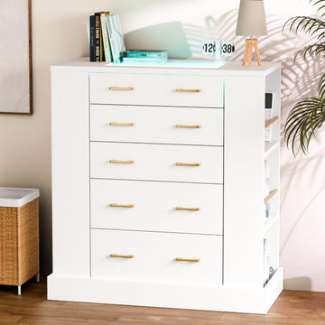Glass Top Dresser with LED Lights and 6 Open Shelves, White